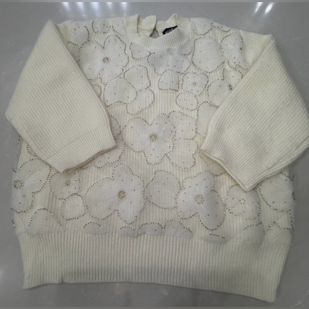 NWT Oliver.O by Anthropologie Ivory Floral Applique Sweater with Bead Accents, L